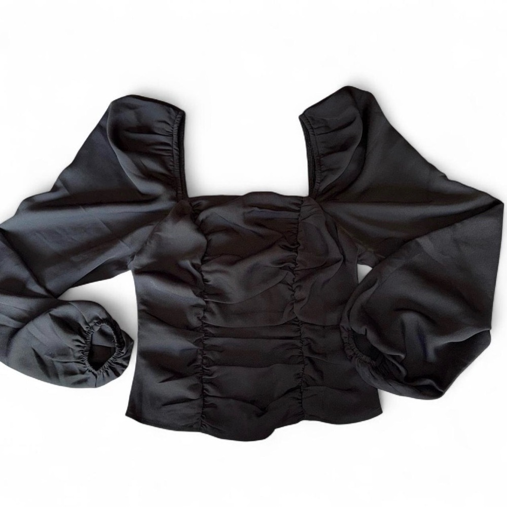 Express BlackRuched Balloon-Sleeve Blouse